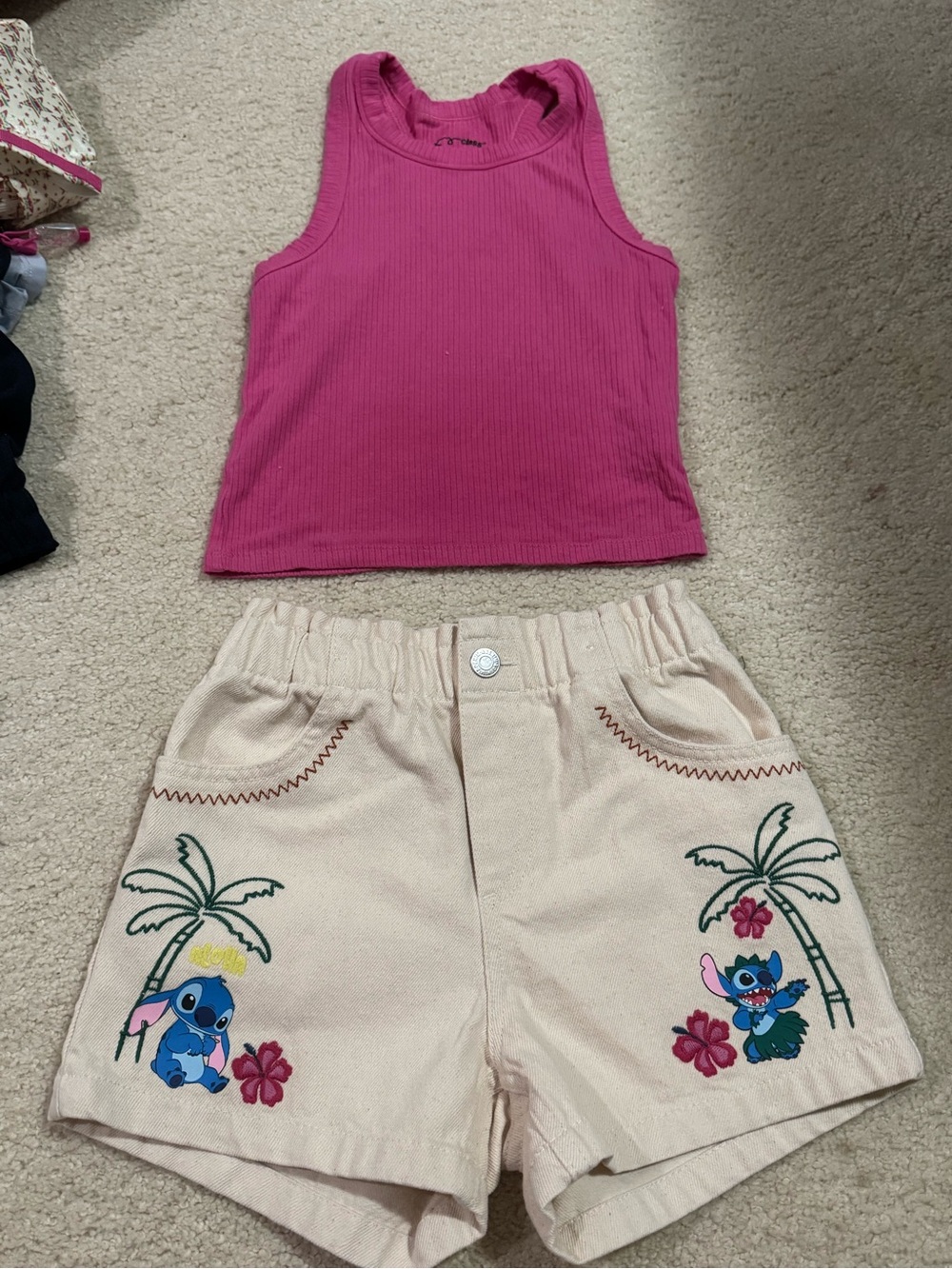 Pink Ribbed Tank & Cream Embroidered Stitch Shorts Kids Matching Set size 7-8